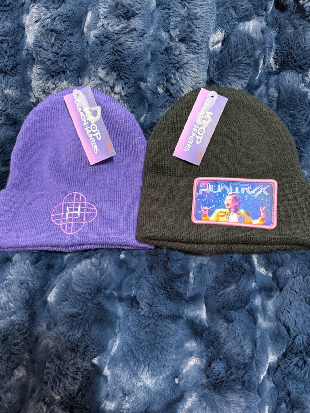 Demon Hunter Black and Purple Beanies with Pink-Edged Colorful Patch